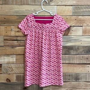 Lands End Girls Dress, Shortsleeved, Square Neck, with a Butterfly Print.